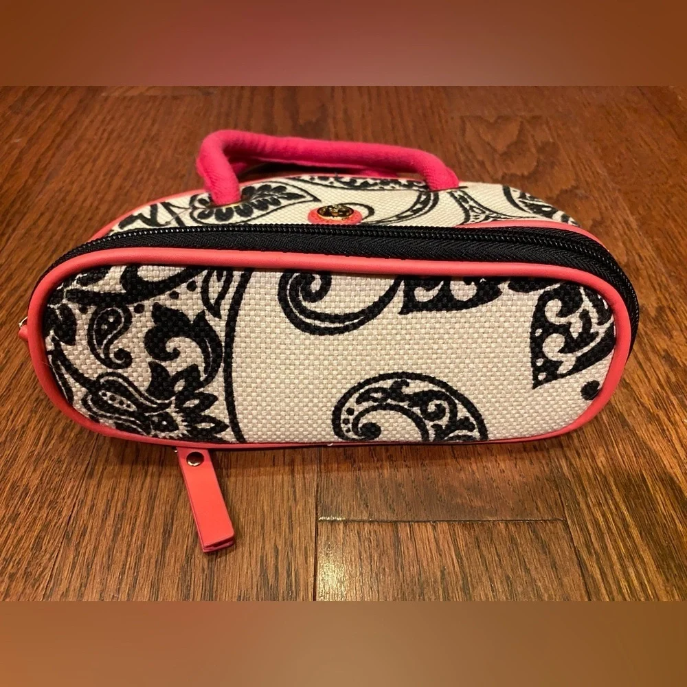 Spartina 449 Purse Cosmetic Bag Mini Bowler Beige/Black/Pink Linen/Leather